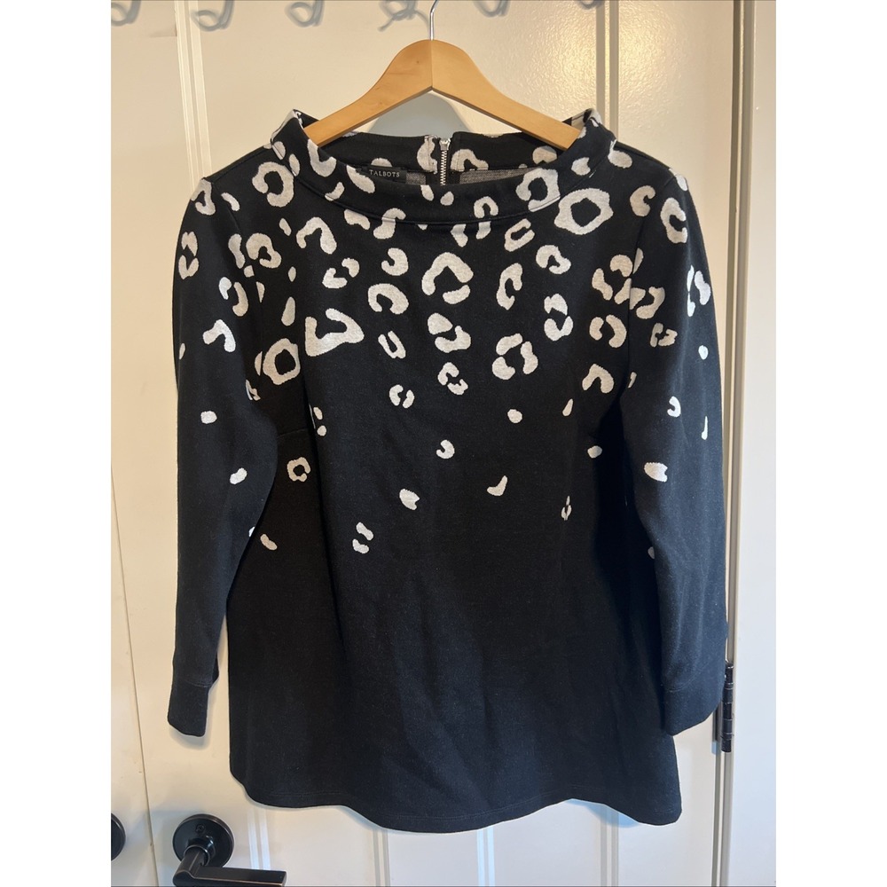 Talbots JACQUARD OMBRE TOP LEOPARD PRINT Sz Medium Holiday Black White‎